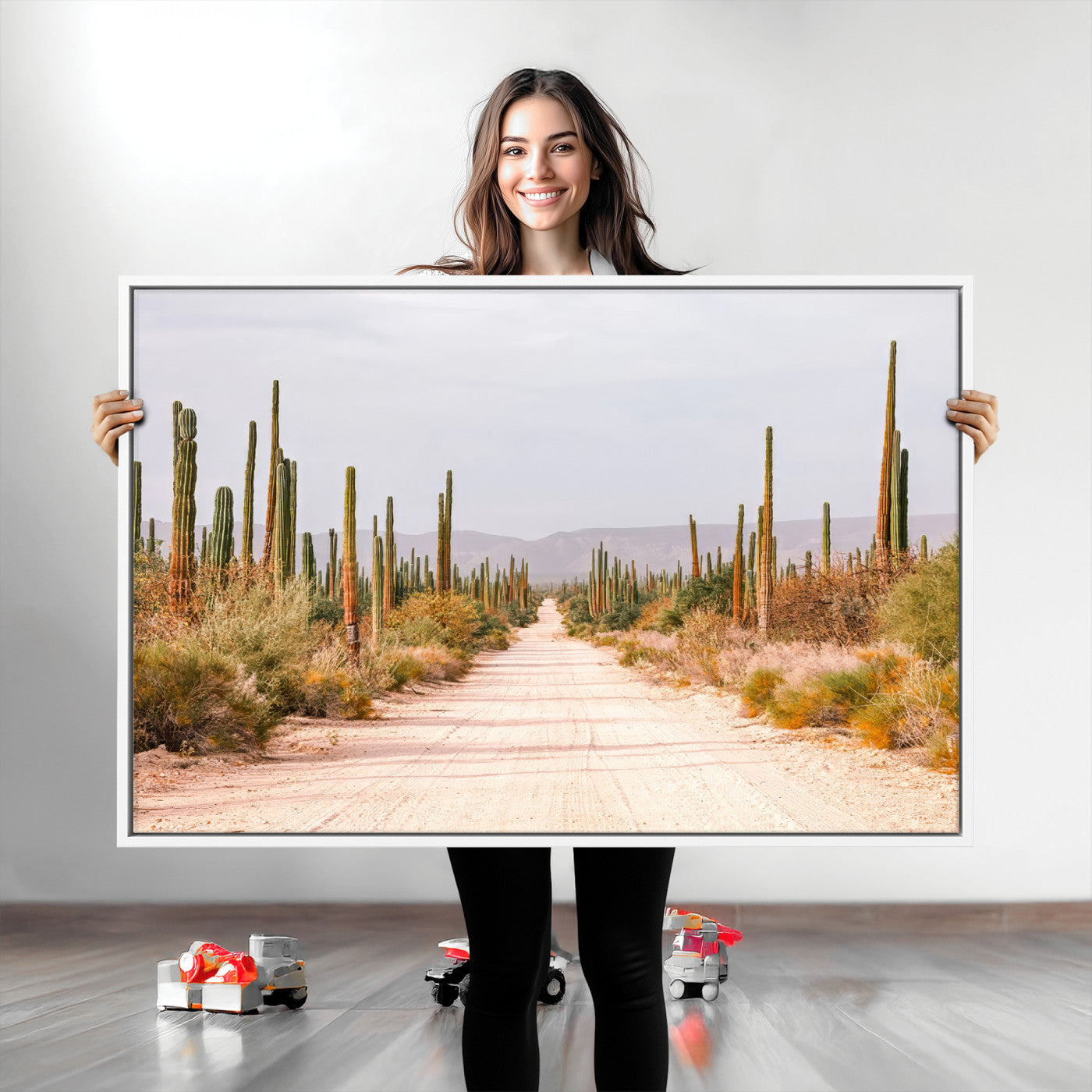 Desert Cactus Lined Road Canvas Print, Southwestern Landscape Print, Framed Bohemian Western Aesthetic Art Print, Large Desert