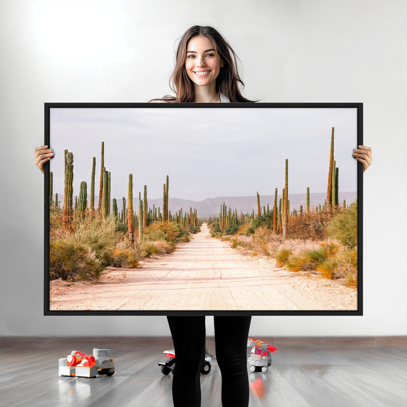 Desert Cactus Lined Road Canvas Print, Southwestern Landscape Print, Framed Bohemian Western Aesthetic Art Print, Large Desert
