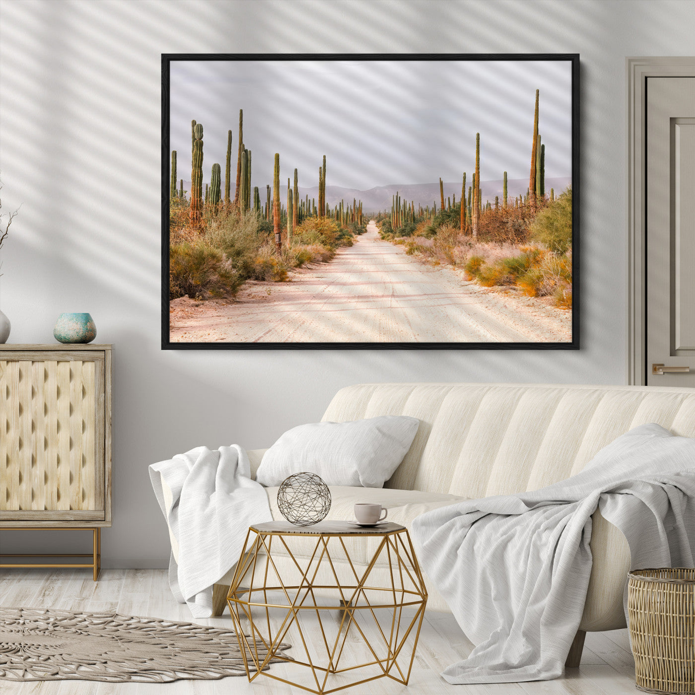 Desert Cactus Lined Road Canvas Print, Southwestern Landscape Print, Framed Bohemian Western Aesthetic Art Print, Large Desert
