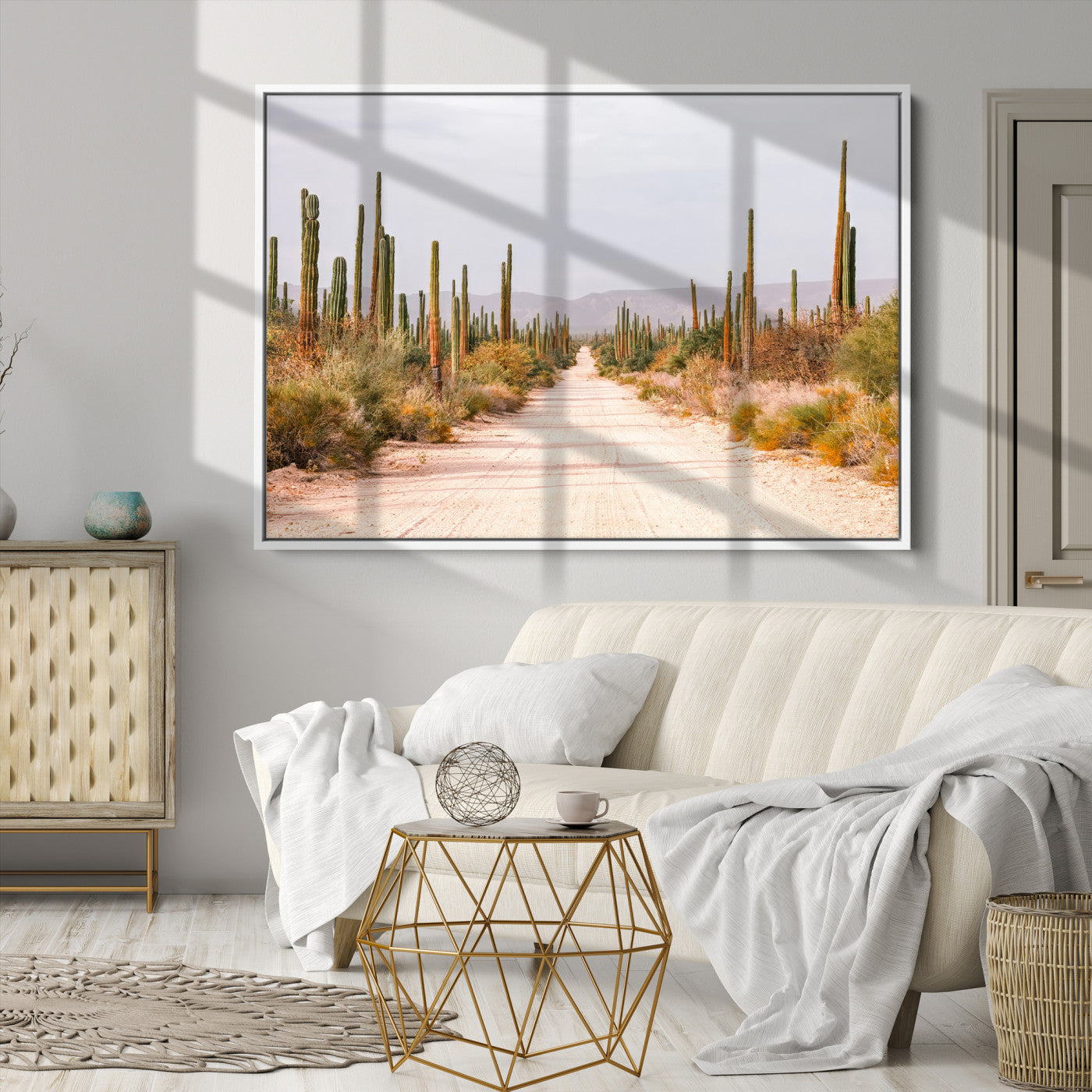 Desert Cactus Lined Road Canvas Print, Southwestern Landscape Print, Framed Bohemian Western Aesthetic Art Print, Large Desert