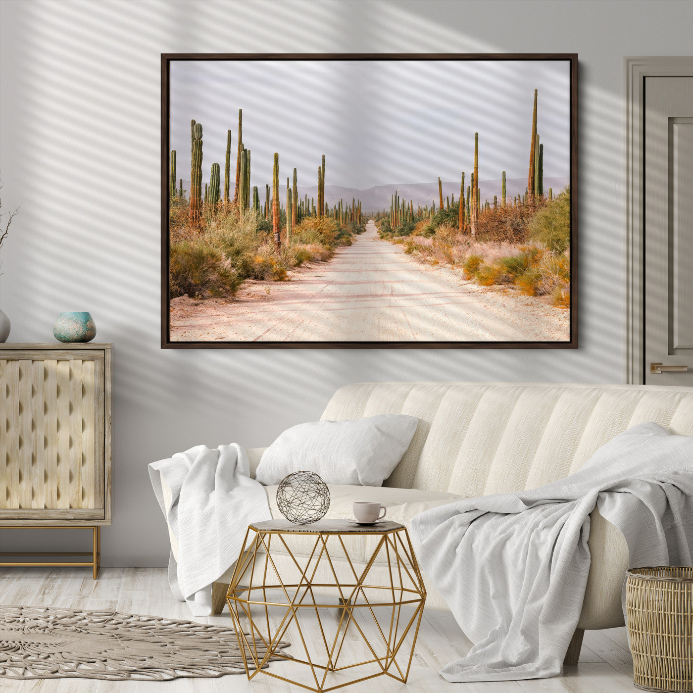 Desert Cactus Lined Road Canvas Print, Southwestern Landscape Print, Framed Bohemian Western Aesthetic Art Print, Large Desert