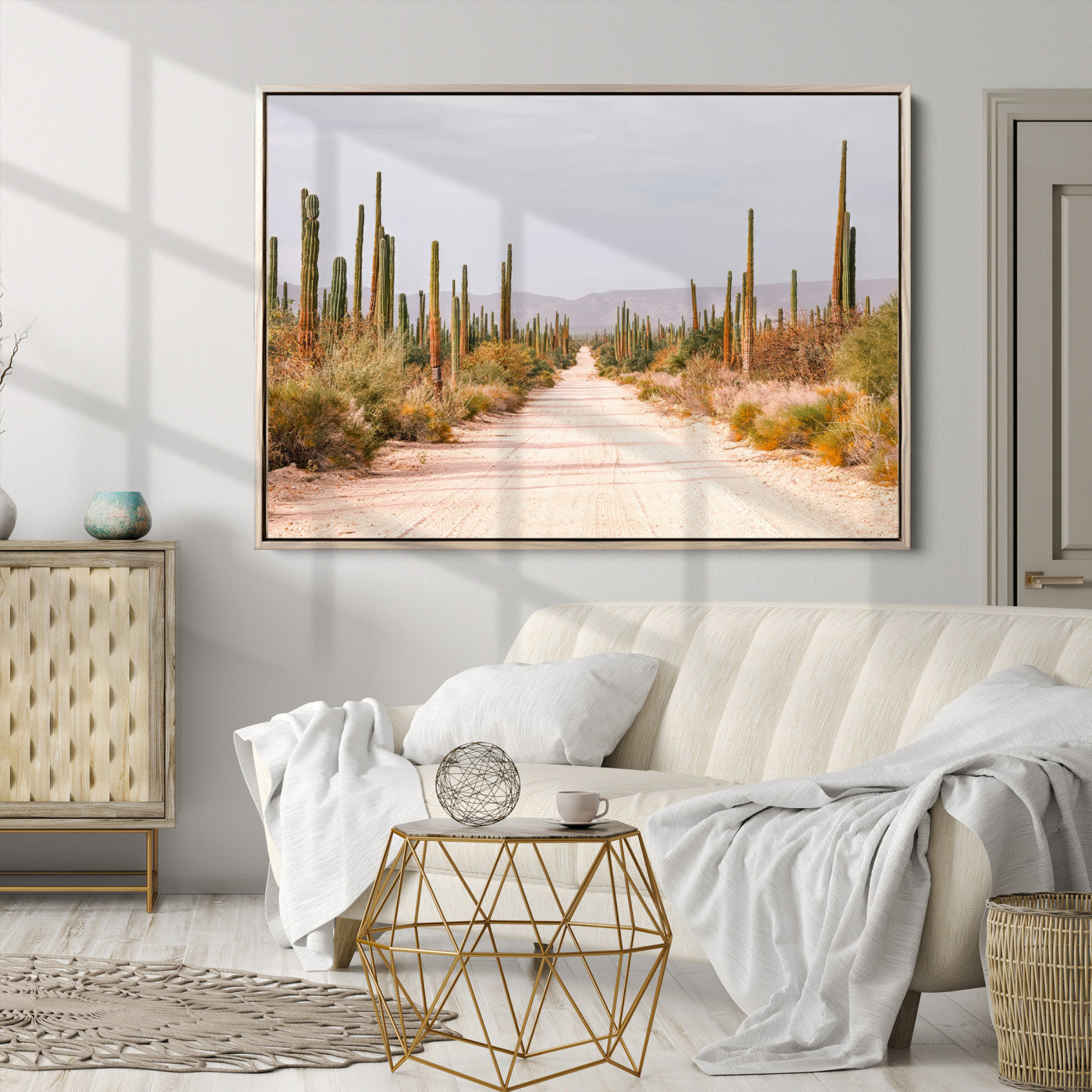 30742780-MGV-CV-36X24-Desert Cactus Lined Road Canvas Print, Southwestern Landscape Print, Framed Bohemian Western Aesthetic Art Print, Large Desert