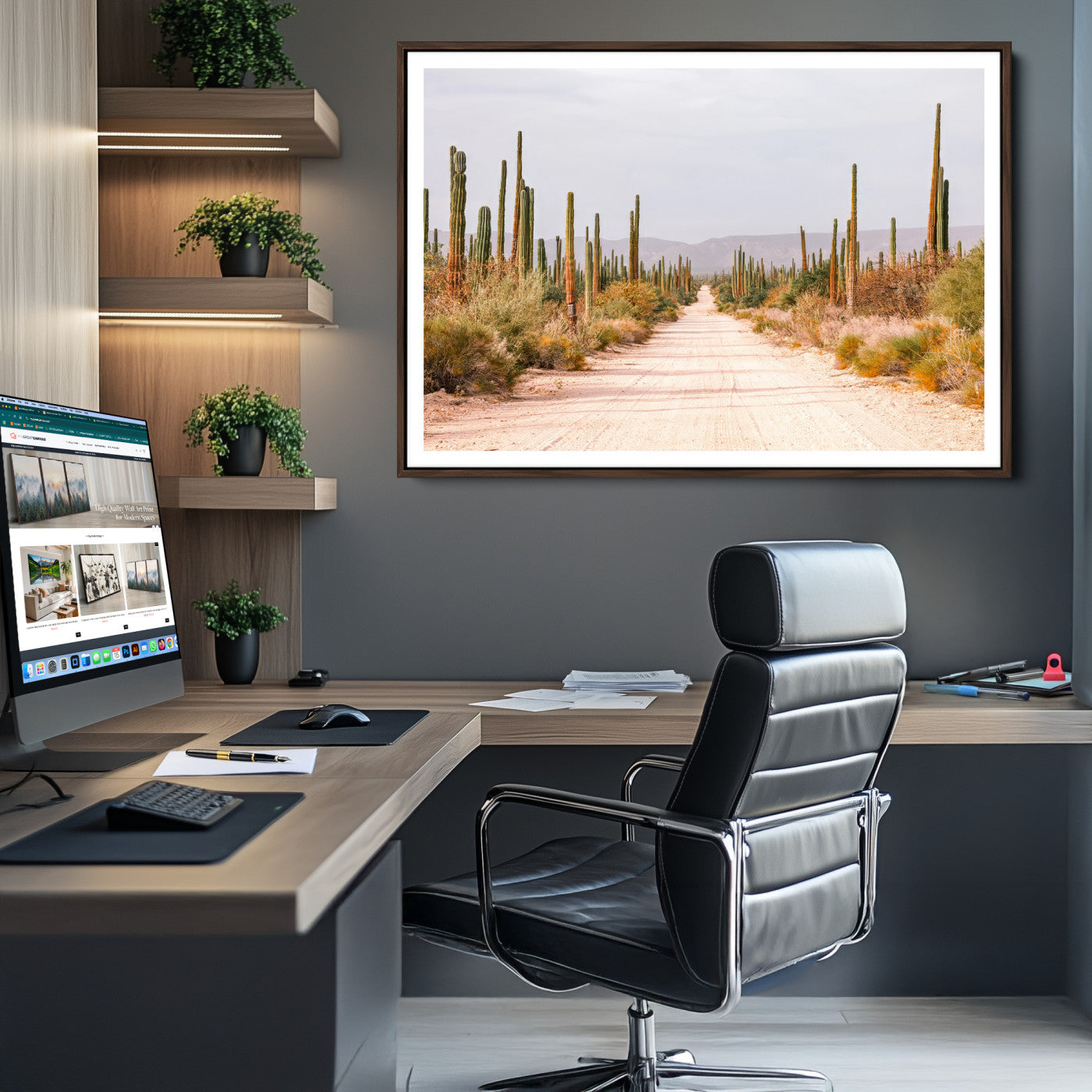 30742780-MGV-CV-36X24-Desert Cactus Lined Road Canvas Print, Southwestern Landscape Print, Framed Bohemian Western Aesthetic Art Print, Large Desert