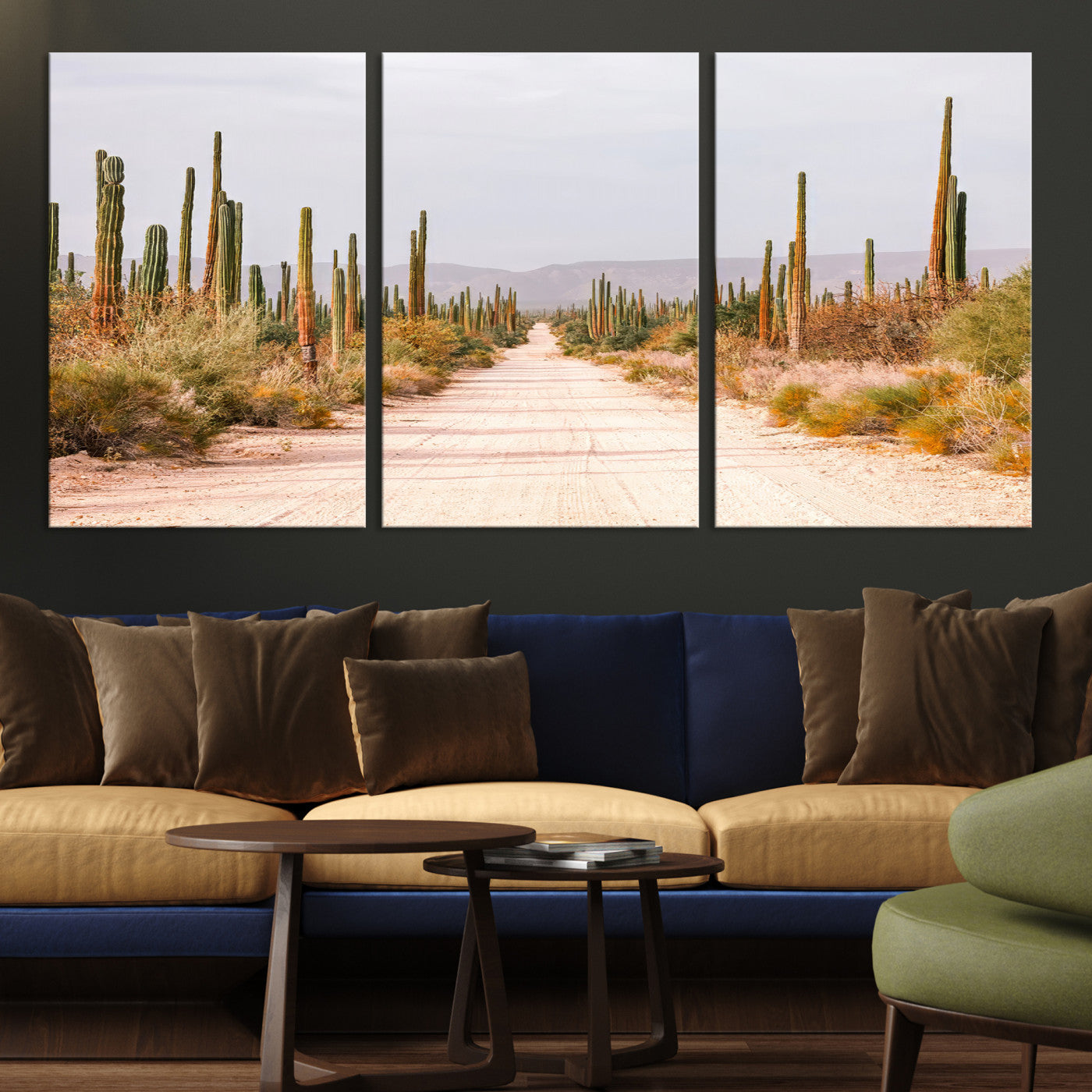 Desert Cactus Lined Road Canvas Print, Southwestern Landscape Print, Framed Bohemian Western Aesthetic Art Print, Large Desert