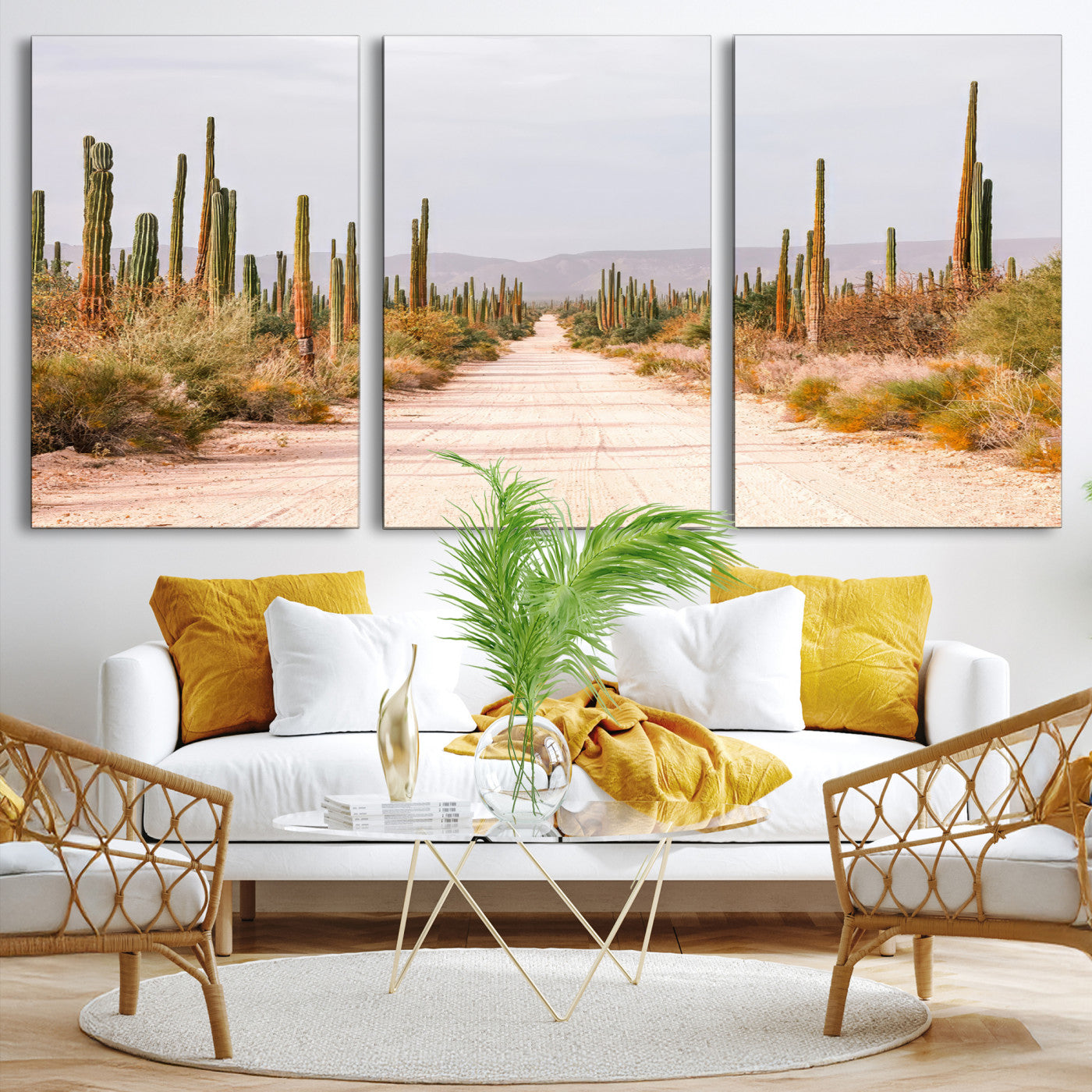 30742780-MGV-CV-36X24-Desert Cactus Lined Road Canvas Print, Southwestern Landscape Print, Framed Bohemian Western Aesthetic Art Print, Large Desert