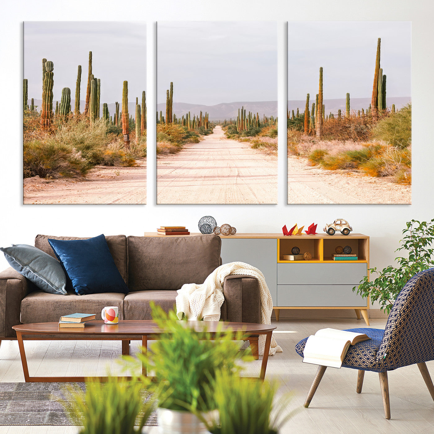 30742780-MGV-CV-36X24-Desert Cactus Lined Road Canvas Print, Southwestern Landscape Print, Framed Bohemian Western Aesthetic Art Print, Large Desert