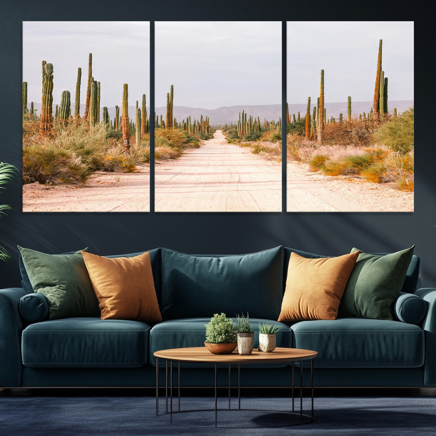30742780-MGV-CV-36X24-Desert Cactus Lined Road Canvas Print, Southwestern Landscape Print, Framed Bohemian Western Aesthetic Art Print, Large Desert