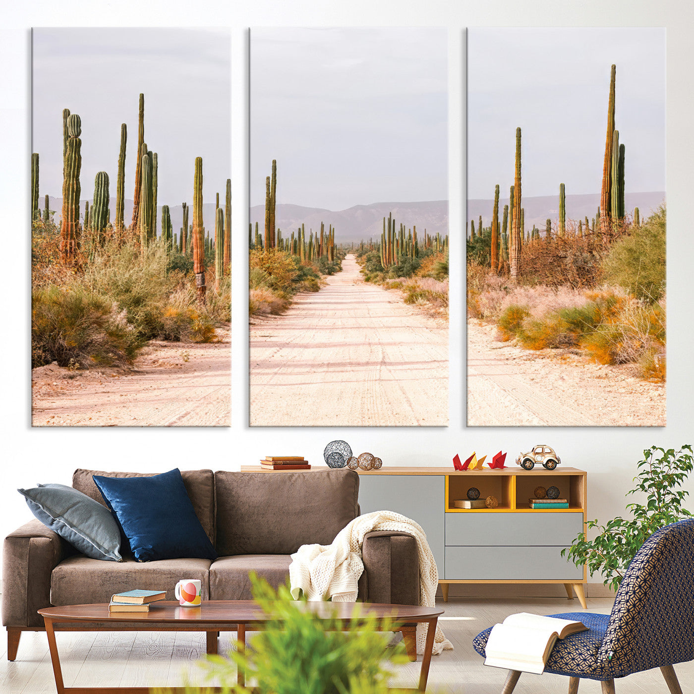 30742780-MGV-CV-36X24-Desert Cactus Lined Road Canvas Print, Southwestern Landscape Print, Framed Bohemian Western Aesthetic Art Print, Large Desert