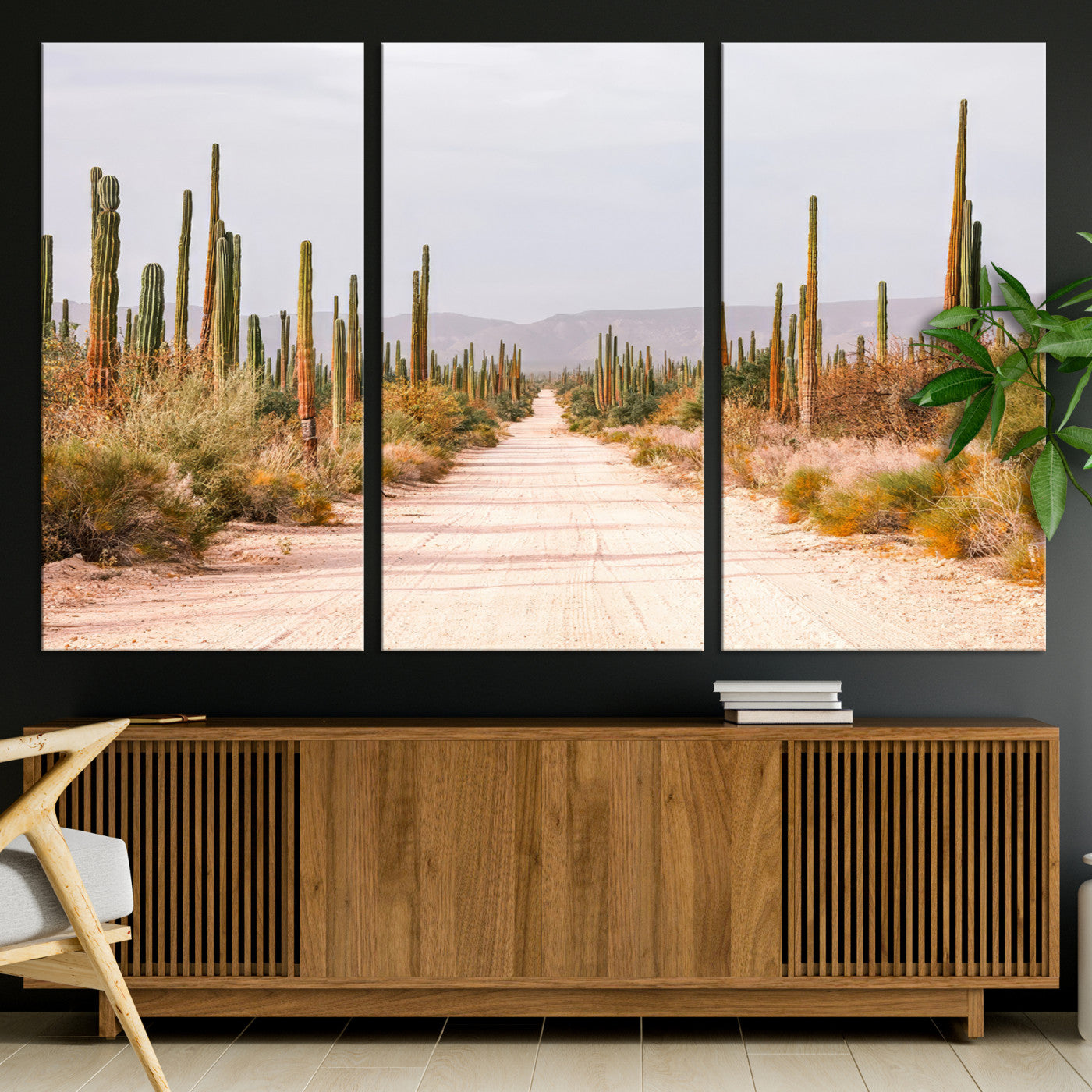30742780-MGV-CV-36X24-Desert Cactus Lined Road Canvas Print, Southwestern Landscape Print, Framed Bohemian Western Aesthetic Art Print, Large Desert