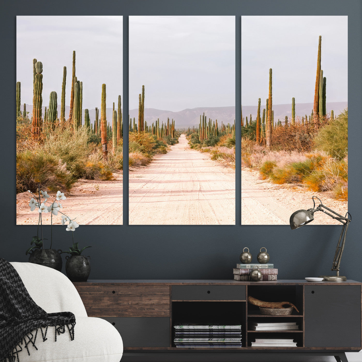 30742780-MGV-CV-36X24-Desert Cactus Lined Road Canvas Print, Southwestern Landscape Print, Framed Bohemian Western Aesthetic Art Print, Large Desert