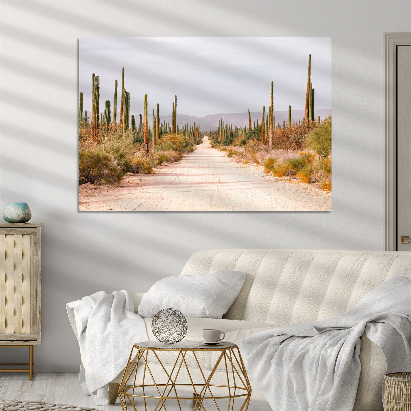 Desert Cactus Lined Road Canvas Print, Southwestern Landscape Print, Framed Bohemian Western Aesthetic Art Print, Large Desert