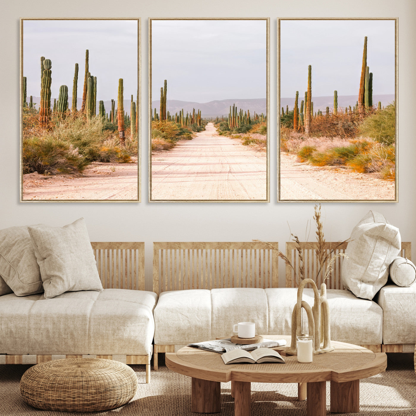 30742780-MGV-CV-36X24-Desert Cactus Lined Road Canvas Print, Southwestern Landscape Print, Framed Bohemian Western Aesthetic Art Print, Large Desert
