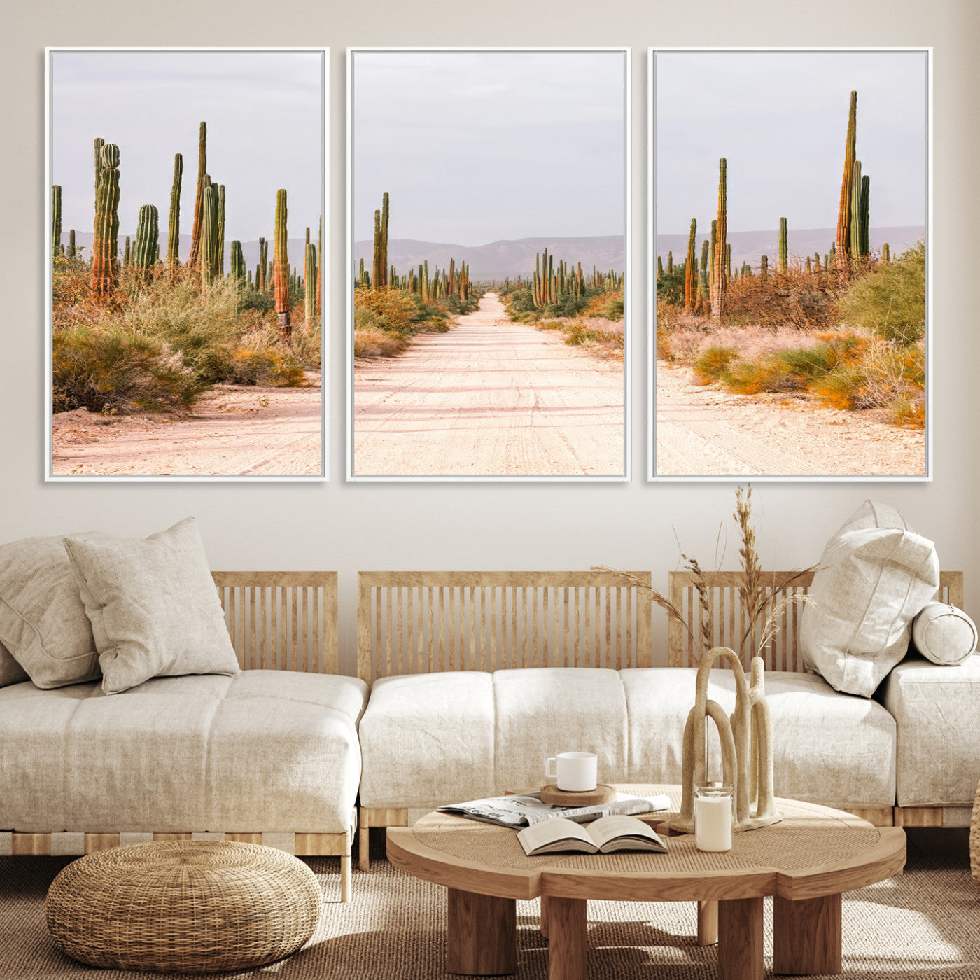30742780-MGV-CV-36X24-Desert Cactus Lined Road Canvas Print, Southwestern Landscape Print, Framed Bohemian Western Aesthetic Art Print, Large Desert