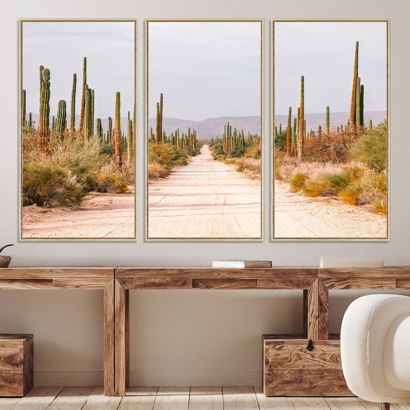 30742780-MGV-CV-36X24-Desert Cactus Lined Road Canvas Print, Southwestern Landscape Print, Framed Bohemian Western Aesthetic Art Print, Large Desert