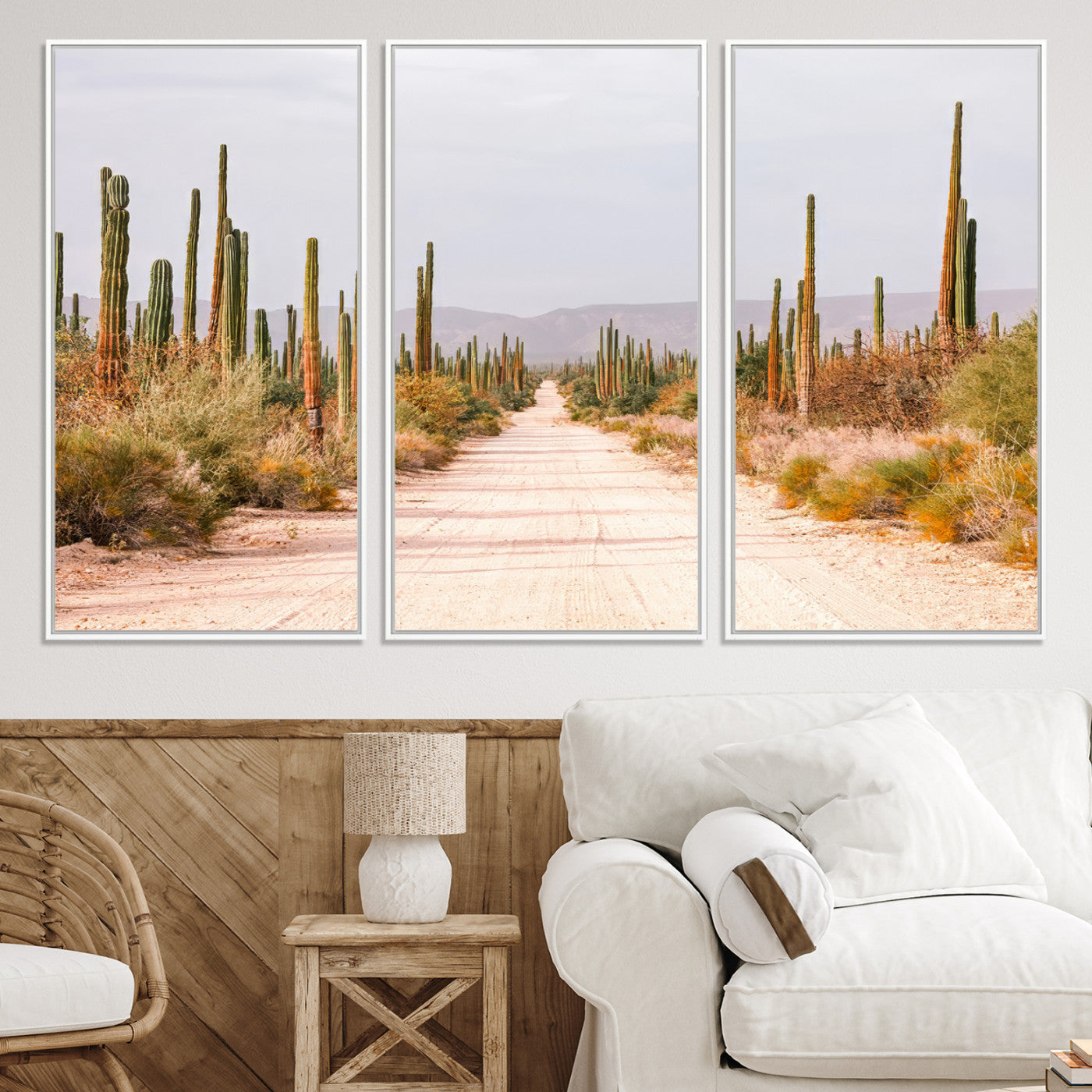 30742780-MGV-CV-36X24-Desert Cactus Lined Road Canvas Print, Southwestern Landscape Print, Framed Bohemian Western Aesthetic Art Print, Large Desert