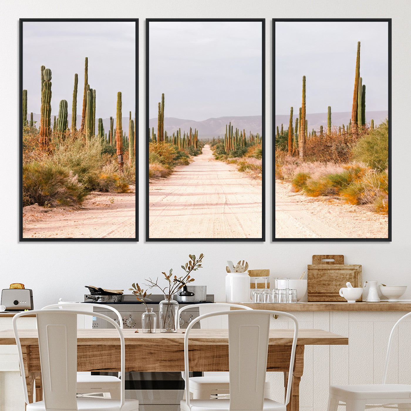 30742780-MGV-CV-36X24-Desert Cactus Lined Road Canvas Print, Southwestern Landscape Print, Framed Bohemian Western Aesthetic Art Print, Large Desert