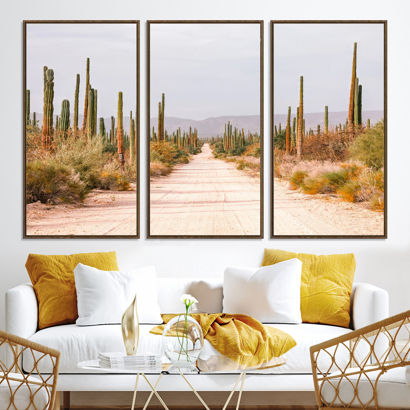 30742780-MGV-CV-36X24-Desert Cactus Lined Road Canvas Print, Southwestern Landscape Print, Framed Bohemian Western Aesthetic Art Print, Large Desert