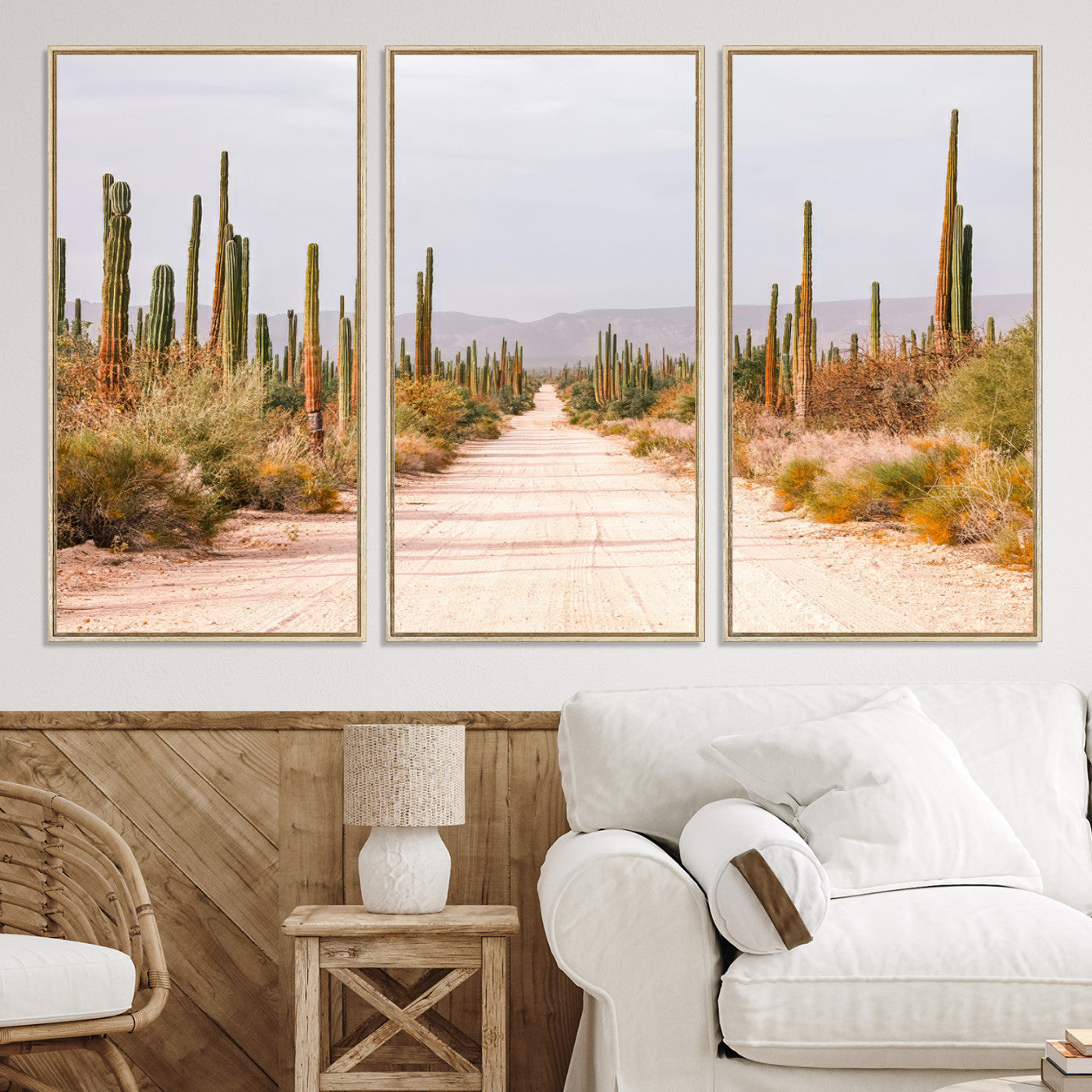 30742780-MGV-CV-36X24-Desert Cactus Lined Road Canvas Print, Southwestern Landscape Print, Framed Bohemian Western Aesthetic Art Print, Large Desert