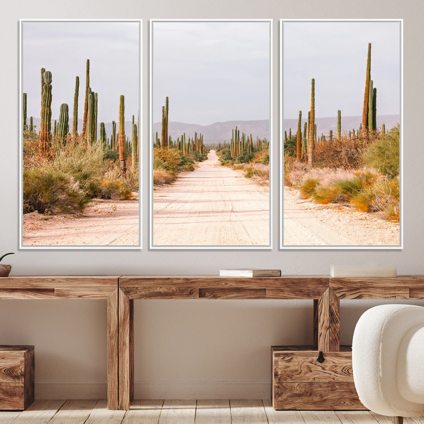 30742780-MGV-CV-36X24-Desert Cactus Lined Road Canvas Print, Southwestern Landscape Print, Framed Bohemian Western Aesthetic Art Print, Large Desert