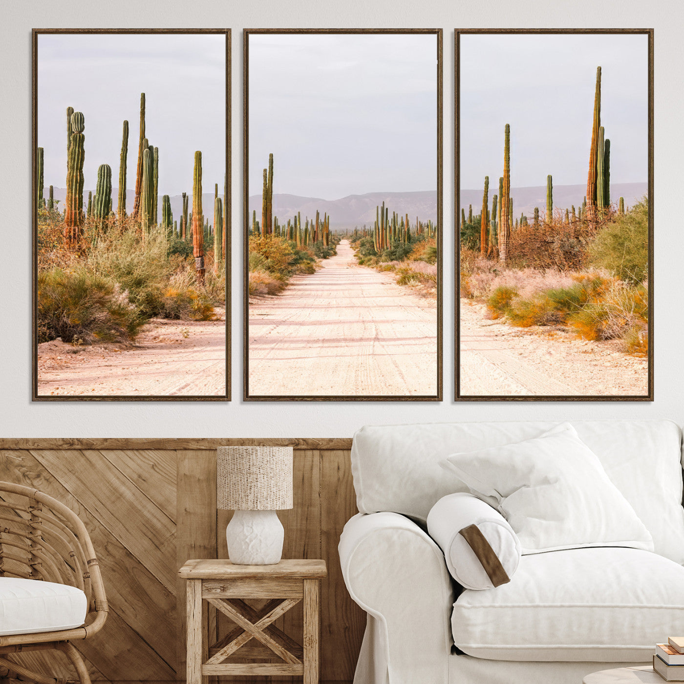 30742780-MGV-CV-36X24-Desert Cactus Lined Road Canvas Print, Southwestern Landscape Print, Framed Bohemian Western Aesthetic Art Print, Large Desert