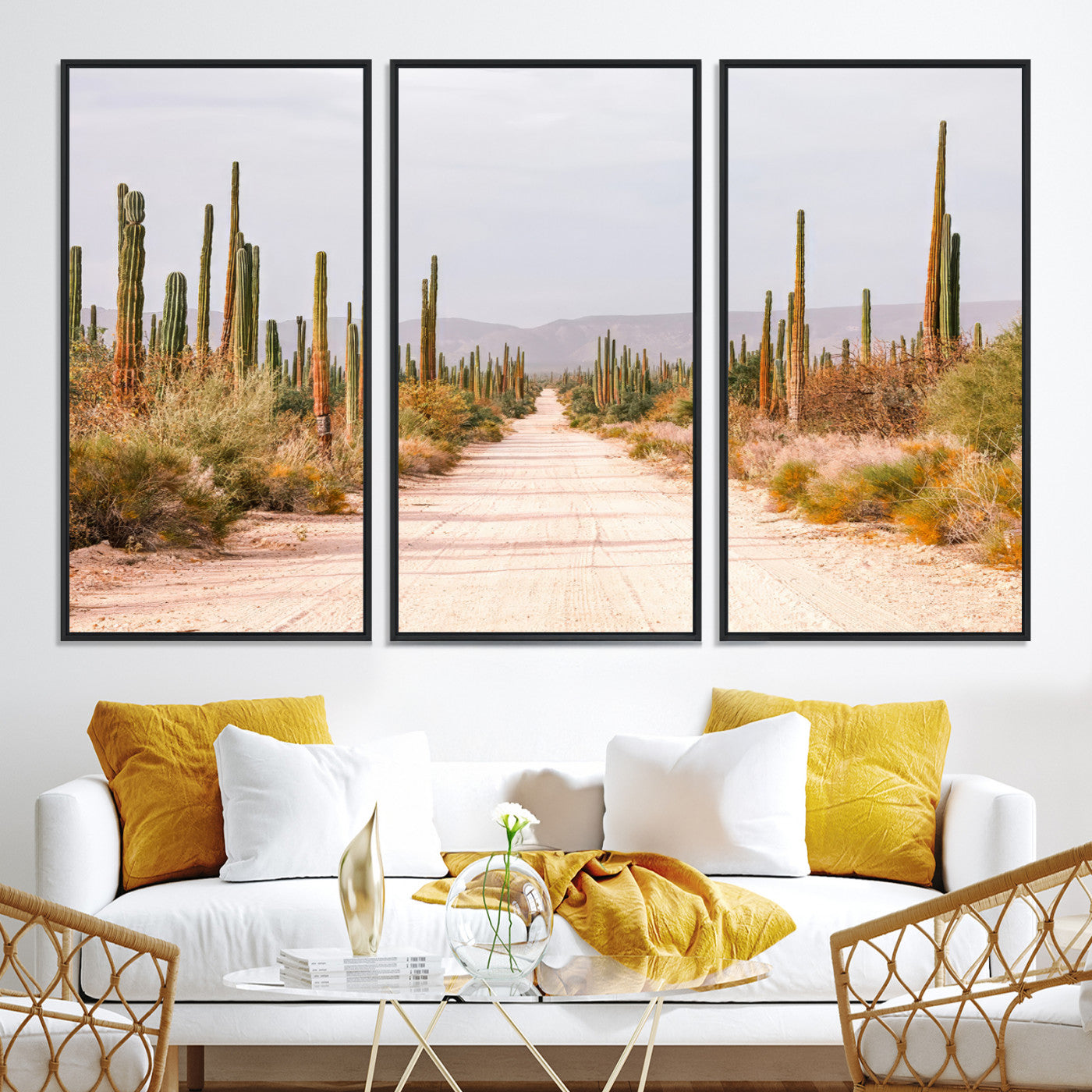 30742780-MGV-CV-36X24-Desert Cactus Lined Road Canvas Print, Southwestern Landscape Print, Framed Bohemian Western Aesthetic Art Print, Large Desert