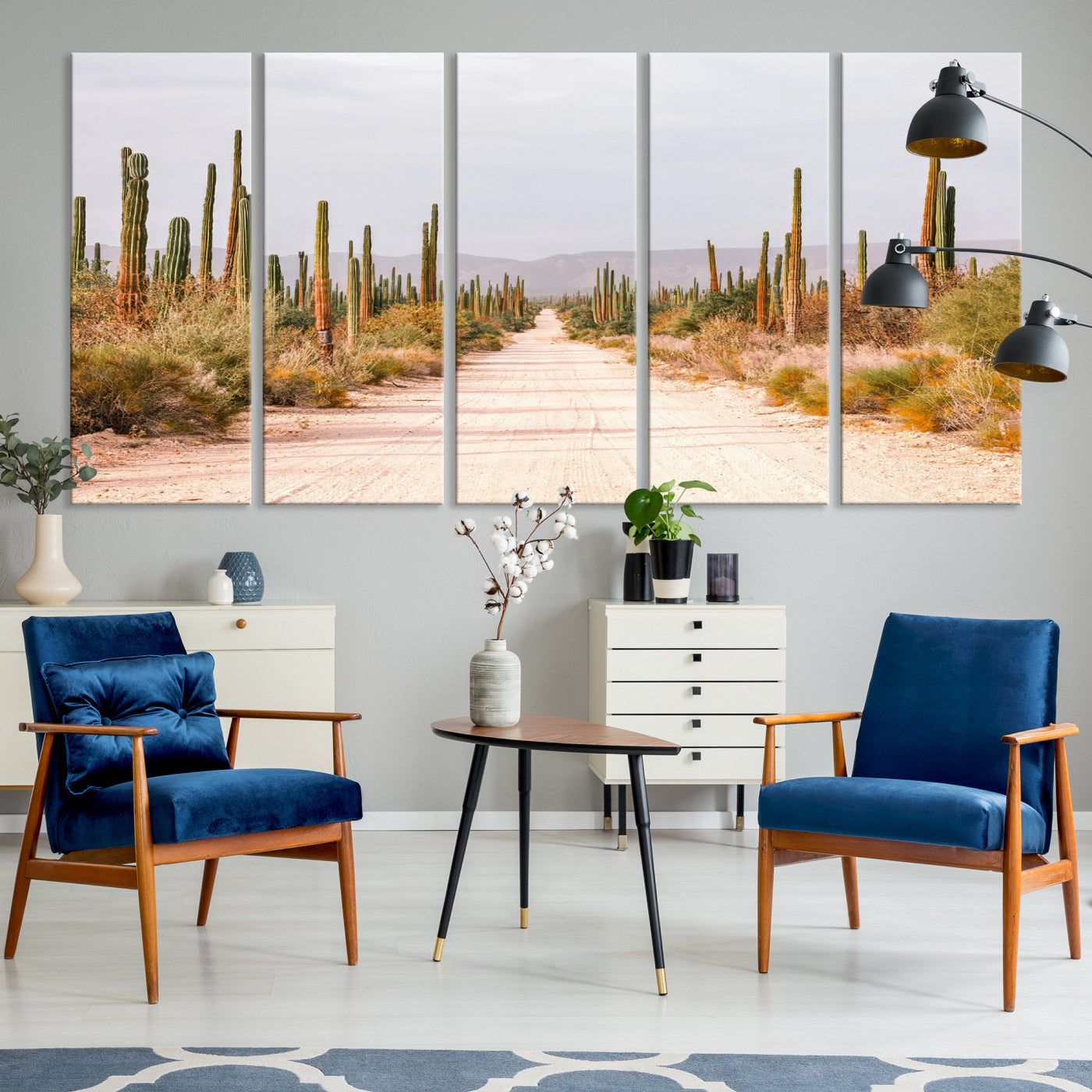 30742780-MGV-CV-36X24-Desert Cactus Lined Road Canvas Print, Southwestern Landscape Print, Framed Bohemian Western Aesthetic Art Print, Large Desert