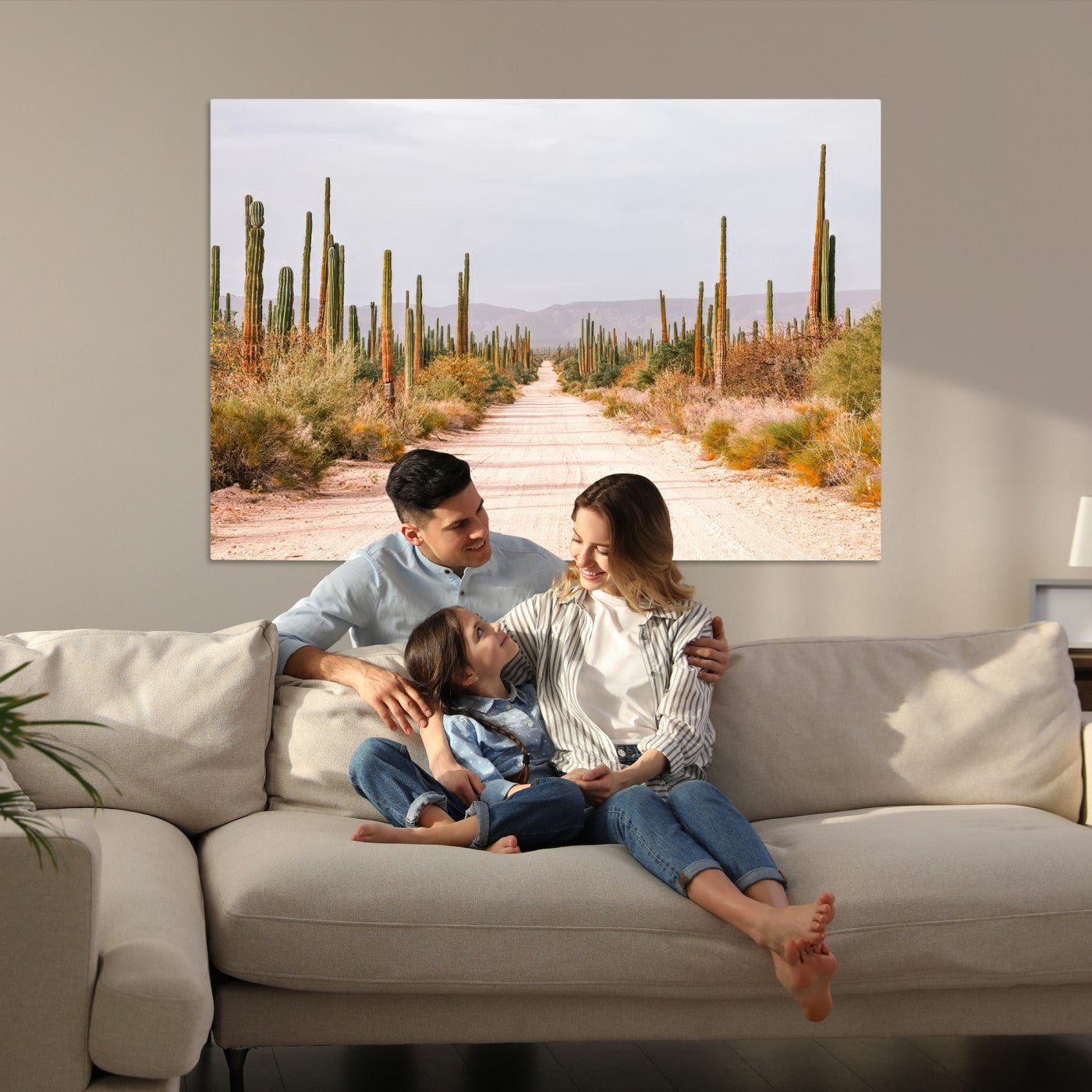 Desert Cactus Lined Road Canvas Print, Southwestern Landscape Print, Framed Bohemian Western Aesthetic Art Print, Large Desert