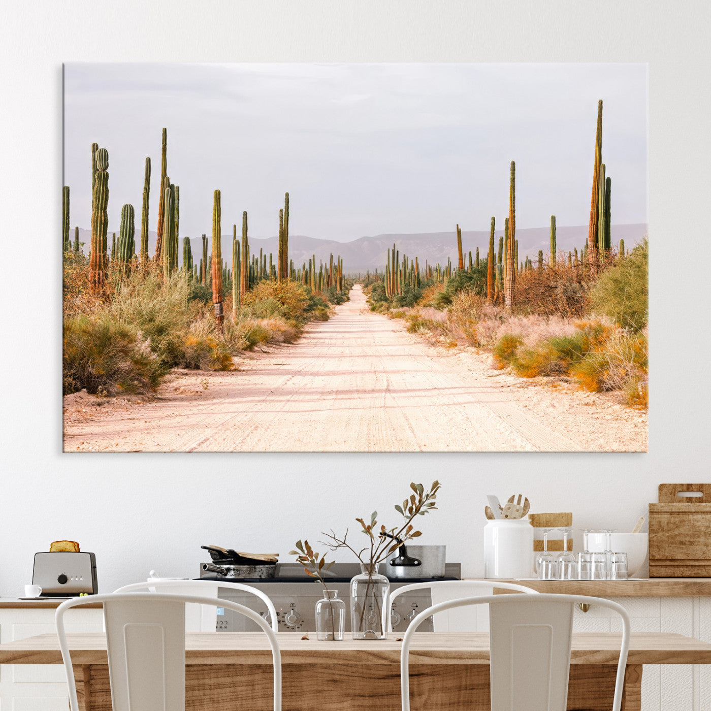 Desert Cactus Lined Road Canvas Print, Southwestern Landscape Print, Framed Bohemian Western Aesthetic Art Print, Large Desert