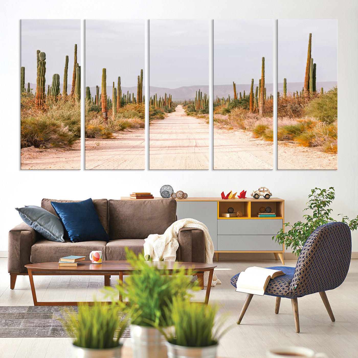 30742780-MGV-CV-60X31-5P-Desert Cactus Lined Road Canvas Print, Southwestern Landscape Print, Framed Bohemian Western Aesthetic Art Print, Large Desert