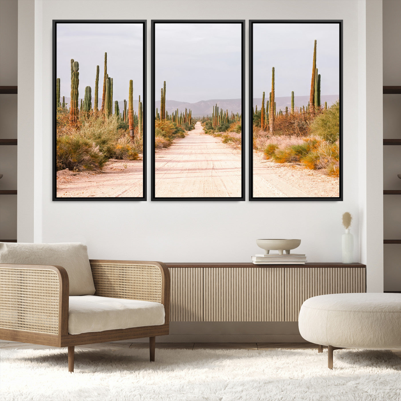 30742780-MGV-FC-48X32-3P_Black-Desert Cactus Lined Road Canvas Print, Southwestern Landscape Print, Framed Bohemian Western Aesthetic Art Print, Large Desert