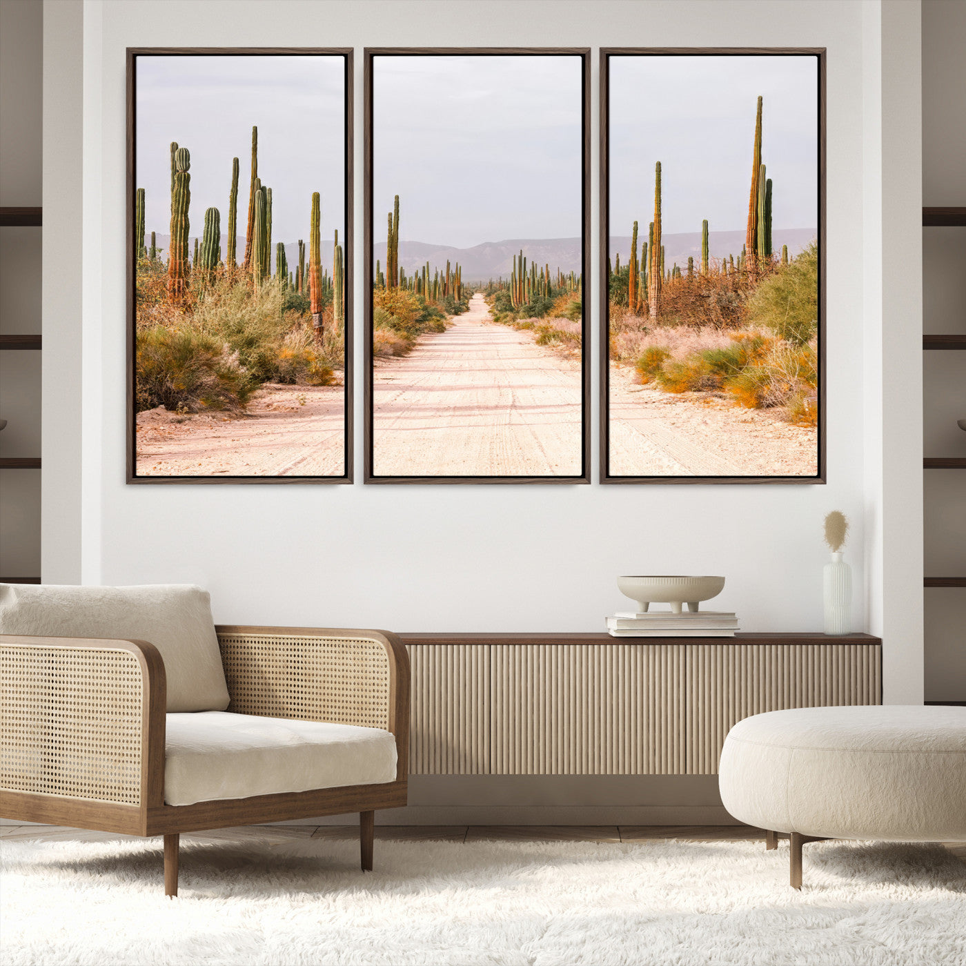 30742780-MGV-FC-48X32-3P_Walnut-Desert Cactus Lined Road Canvas Print, Southwestern Landscape Print, Framed Bohemian Western Aesthetic Art Print, Large Desert