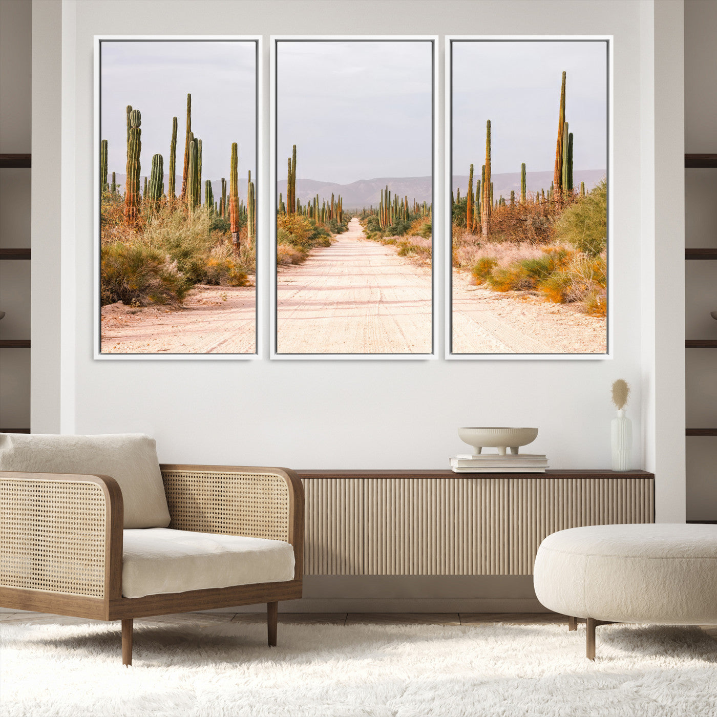 30742780-MGV-FC-48X32-3P_White-Desert Cactus Lined Road Canvas Print, Southwestern Landscape Print, Framed Bohemian Western Aesthetic Art Print, Large Desert