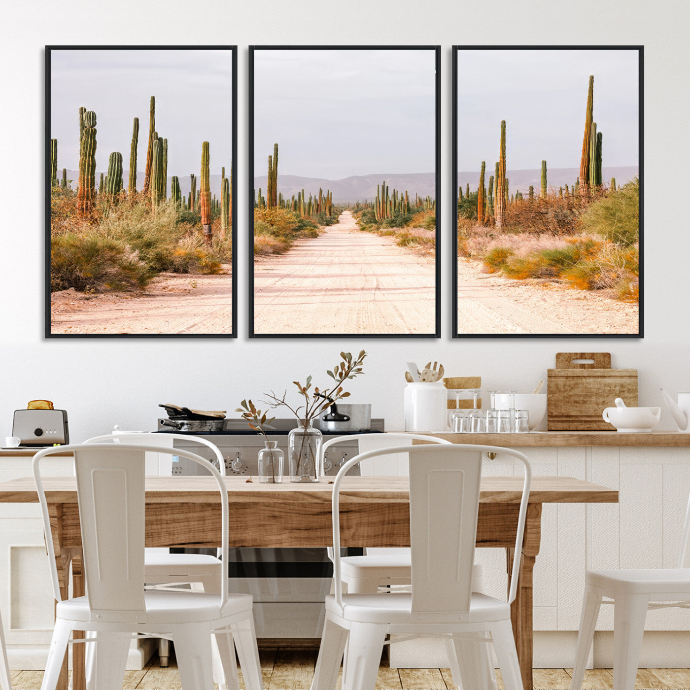 30742780-MGV-FC-60X30-3P_Black-Desert Cactus Lined Road Canvas Print, Southwestern Landscape Print, Framed Bohemian Western Aesthetic Art Print, Large Desert