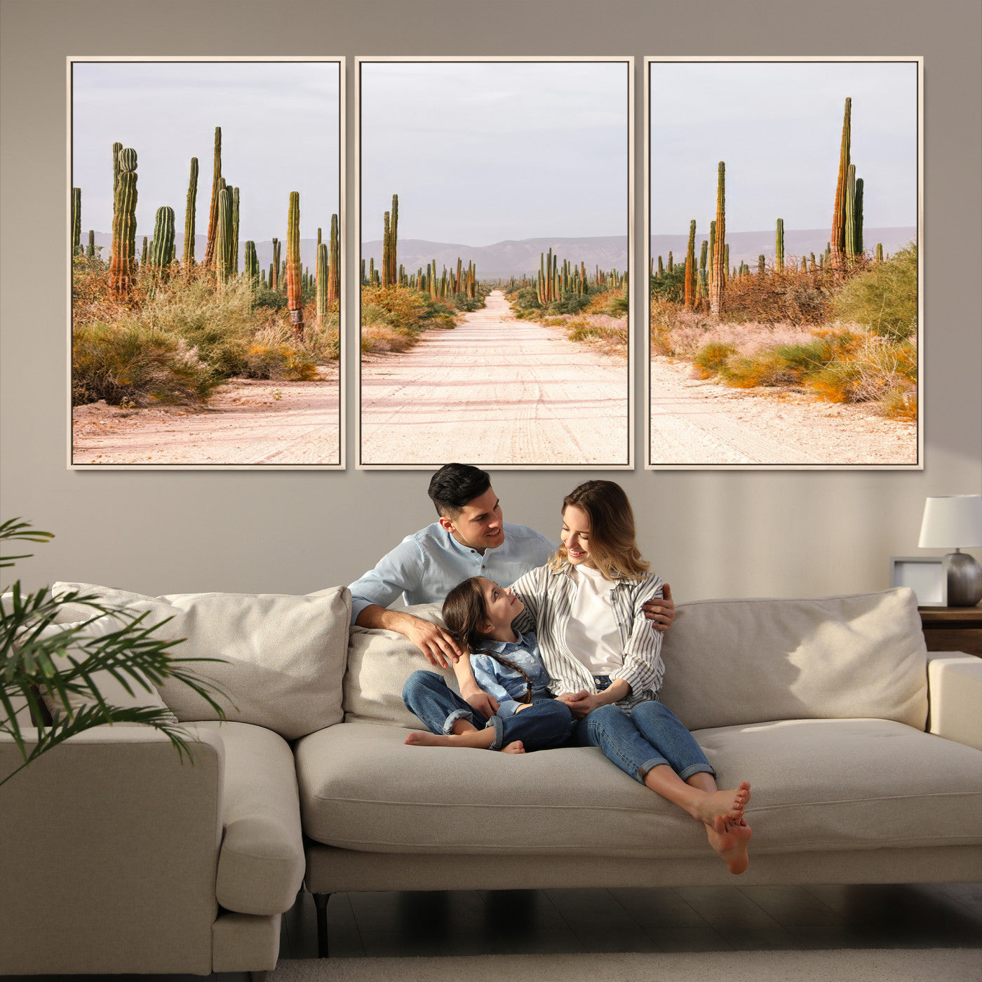30742780-MGV-FC-60X30-3P_Natural-Desert Cactus Lined Road Canvas Print, Southwestern Landscape Print, Framed Bohemian Western Aesthetic Art Print, Large Desert