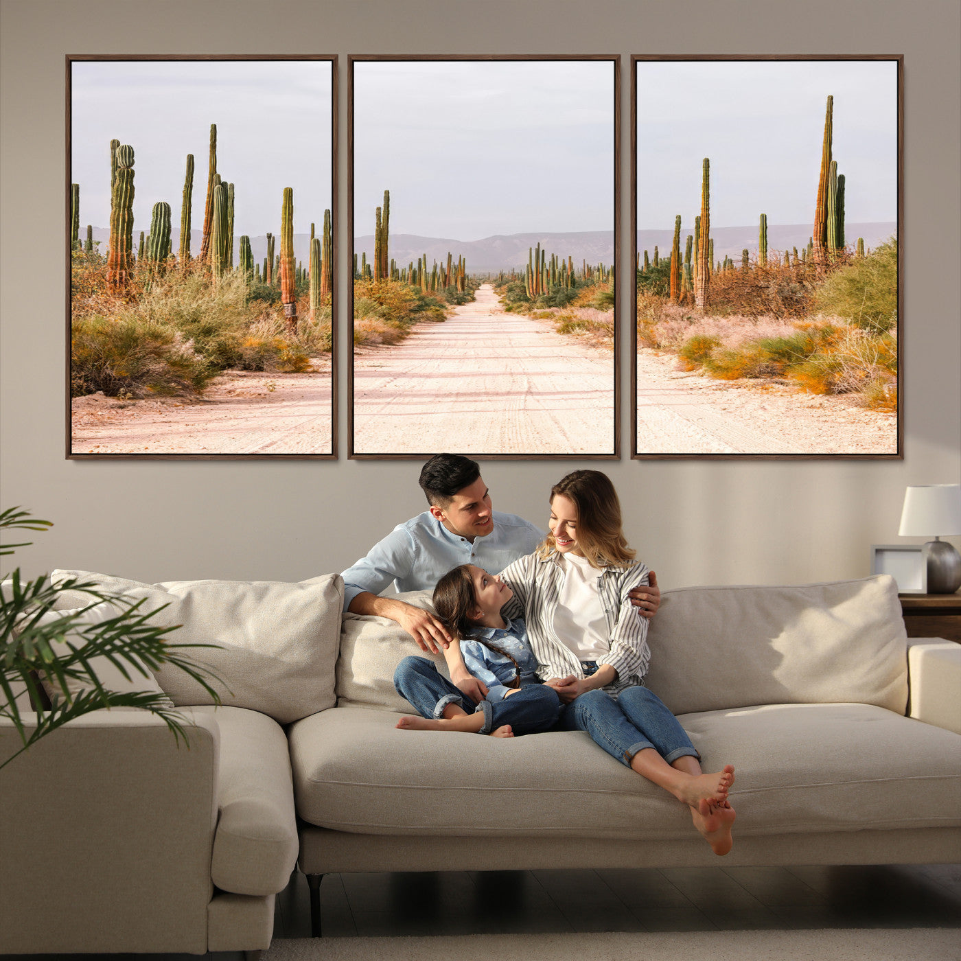 30742780-MGV-FC-60X30-3P_Walnut-Desert Cactus Lined Road Canvas Print, Southwestern Landscape Print, Framed Bohemian Western Aesthetic Art Print, Large Desert