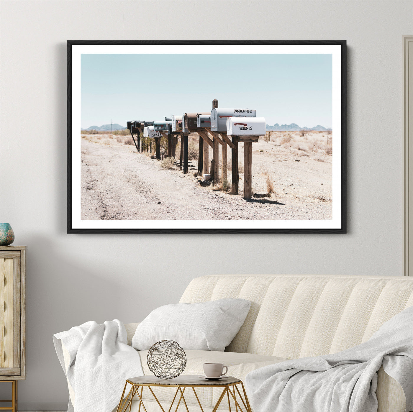 54616109-MGC-FP-36x24_Black-Desert Mailboxes Canvas Print – Minimal Western Landscape Photography, Rustic Americana Wall Art for Entryway, Office & Hallway Decor