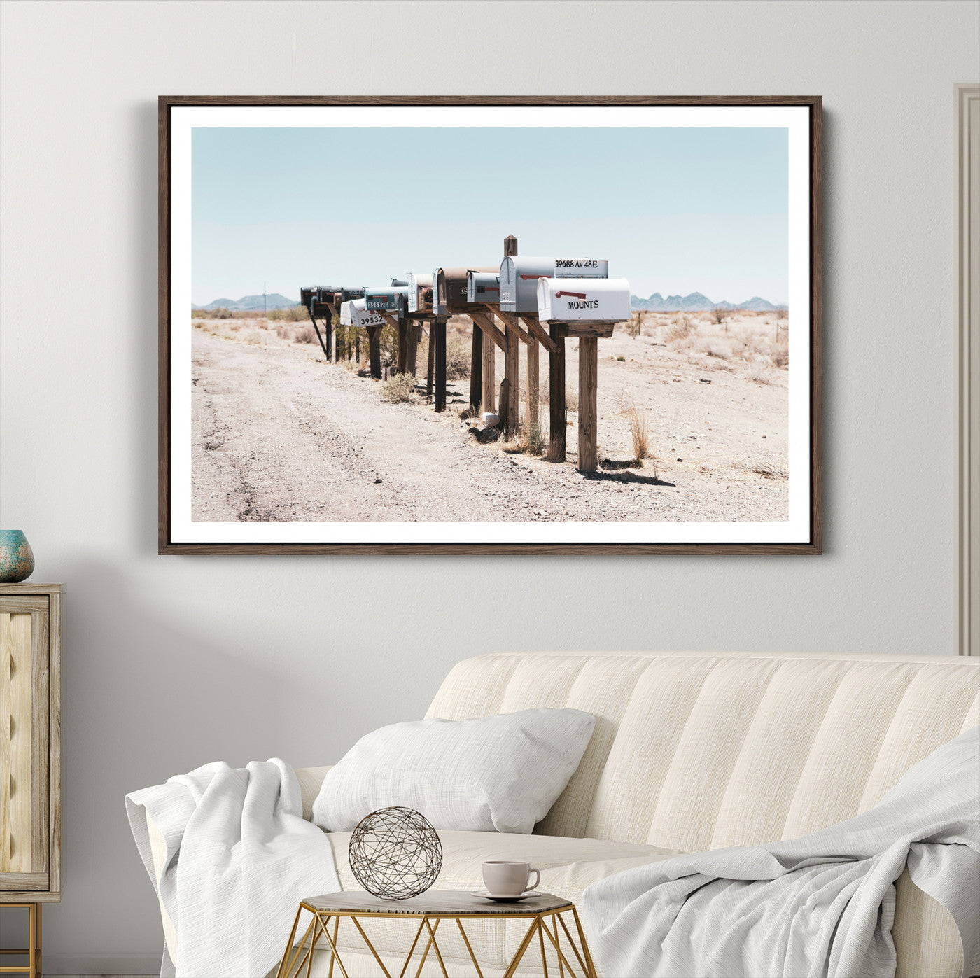 54616109-MGC-FP-36x24_Walnut-Desert Mailboxes Canvas Print – Minimal Western Landscape Photography, Rustic Americana Wall Art for Entryway, Office & Hallway Decor