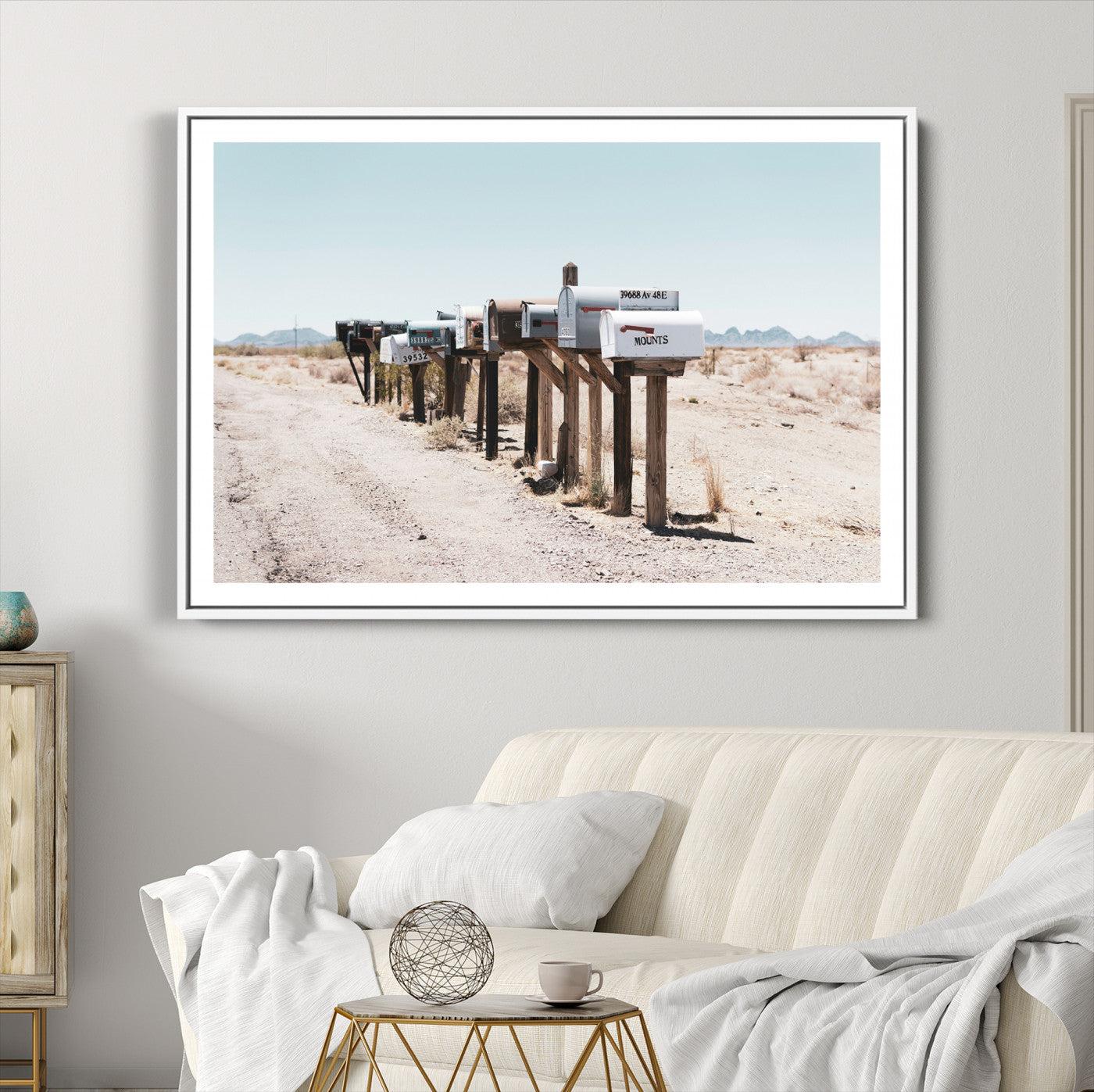 54616109-MGC-FP-36x24_White-Desert Mailboxes Canvas Print – Minimal Western Landscape Photography, Rustic Americana Wall Art for Entryway, Office & Hallway Decor