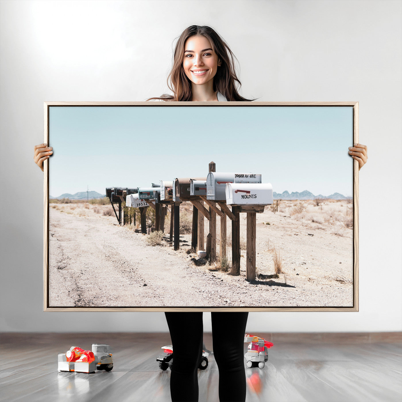 54616109-MGV-CV-36X24-Desert Mailboxes Canvas Print – Minimal Western Landscape Photography, Rustic Americana Wall Art for Entryway, Office & Hallway Decor