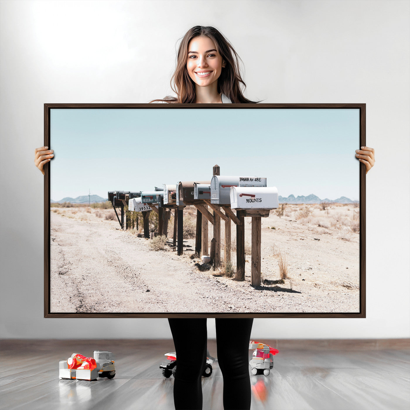 54616109-MGV-CV-36X24-Desert Mailboxes Canvas Print – Minimal Western Landscape Photography, Rustic Americana Wall Art for Entryway, Office & Hallway Decor