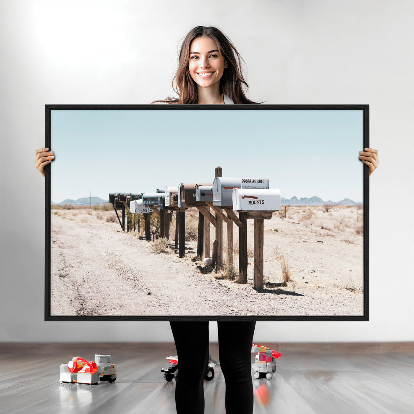 54616109-MGV-CV-36X24-Desert Mailboxes Canvas Print – Minimal Western Landscape Photography, Rustic Americana Wall Art for Entryway, Office & Hallway Decor