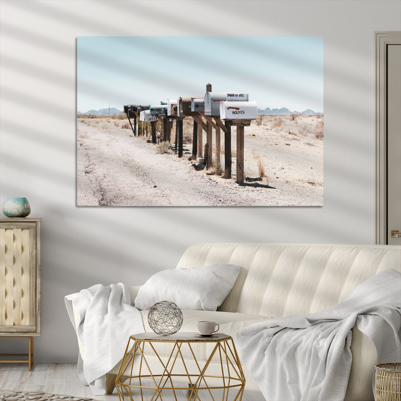 54616109-MGV-CV-36X24-Desert Mailboxes Canvas Print – Minimal Western Landscape Photography, Rustic Americana Wall Art for Entryway, Office & Hallway Decor