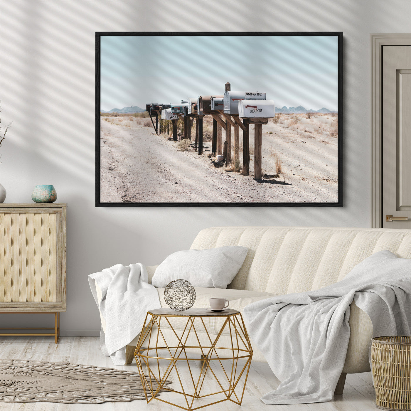 54616109-MGV-CV-36X24-Desert Mailboxes Canvas Print – Minimal Western Landscape Photography, Rustic Americana Wall Art for Entryway, Office & Hallway Decor