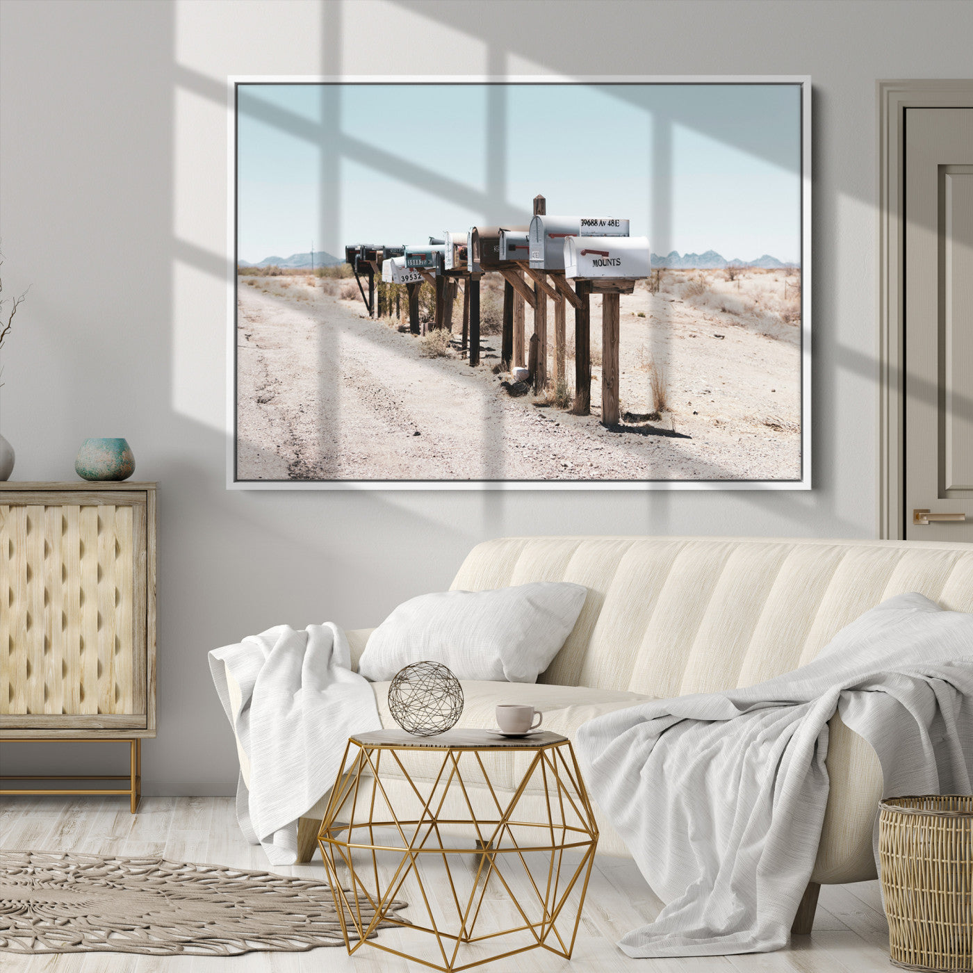 54616109-MGV-CV-36X24-Desert Mailboxes Canvas Print – Minimal Western Landscape Photography, Rustic Americana Wall Art for Entryway, Office & Hallway Decor