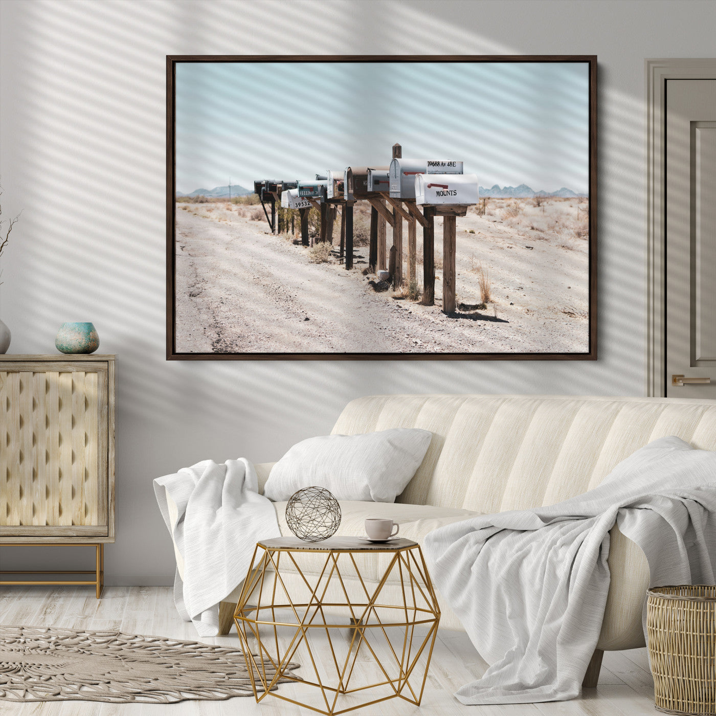 54616109-MGV-CV-36X24-Desert Mailboxes Canvas Print – Minimal Western Landscape Photography, Rustic Americana Wall Art for Entryway, Office & Hallway Decor