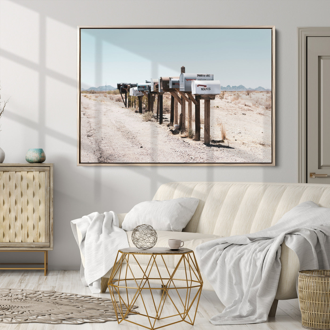 54616109-MGV-CV-36X24-Desert Mailboxes Canvas Print – Minimal Western Landscape Photography, Rustic Americana Wall Art for Entryway, Office & Hallway Decor