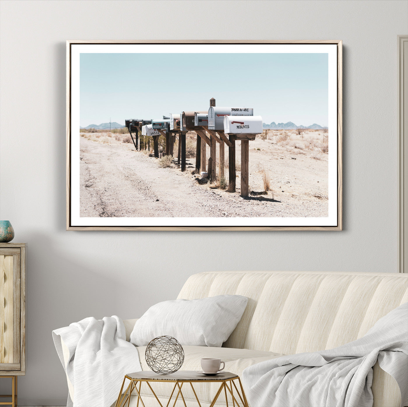 54616109-MGV-CV-36X24-Desert Mailboxes Canvas Print – Minimal Western Landscape Photography, Rustic Americana Wall Art for Entryway, Office & Hallway Decor