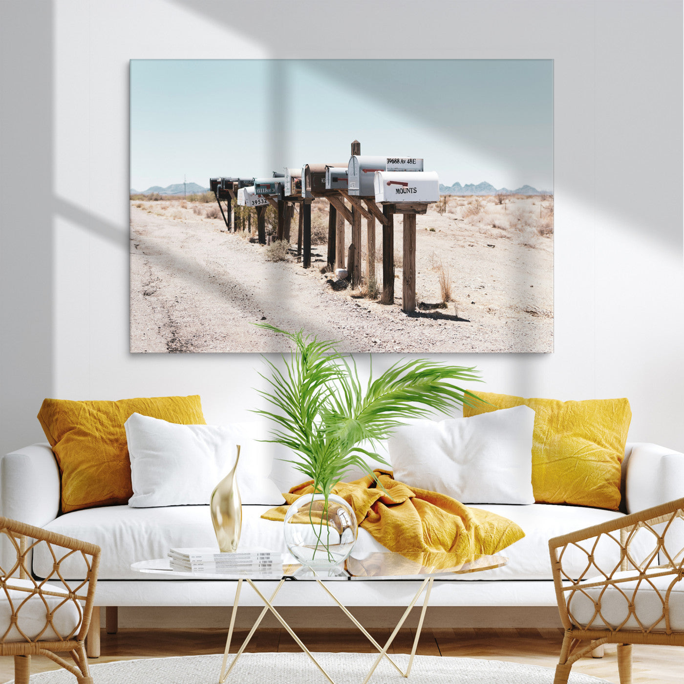54616109-MGV-CV-36X24-Desert Mailboxes Canvas Print – Minimal Western Landscape Photography, Rustic Americana Wall Art for Entryway, Office & Hallway Decor