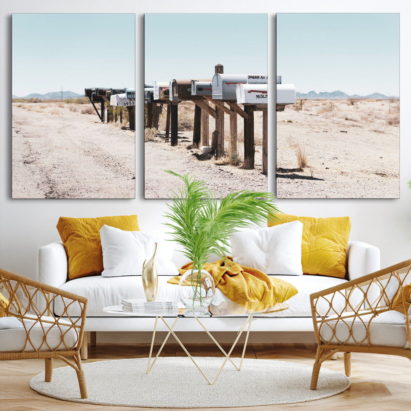 54616109-MGV-CV-36X24-Desert Mailboxes Canvas Print – Minimal Western Landscape Photography, Rustic Americana Wall Art for Entryway, Office & Hallway Decor
