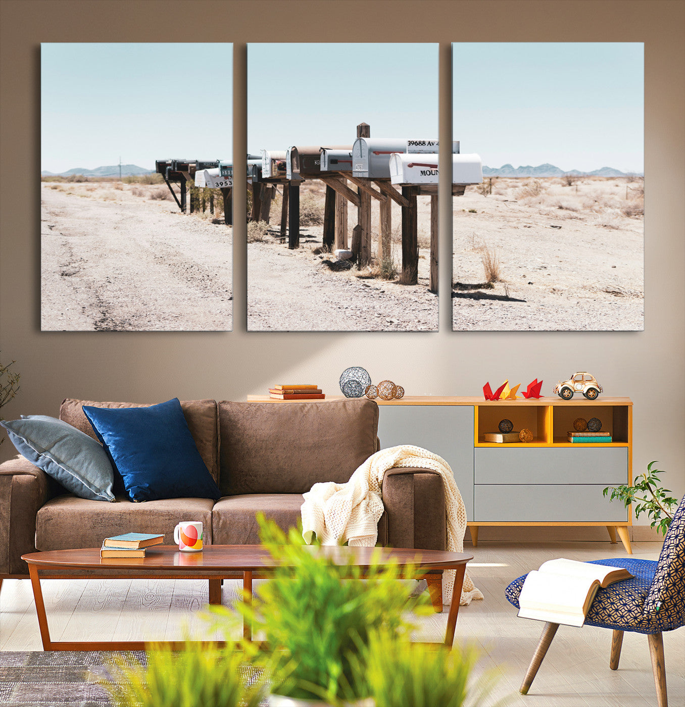 54616109-MGV-CV-36X24-Desert Mailboxes Canvas Print – Minimal Western Landscape Photography, Rustic Americana Wall Art for Entryway, Office & Hallway Decor